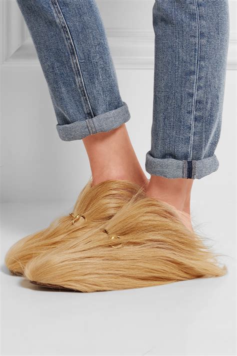 gucci horsebit goat hair slippers